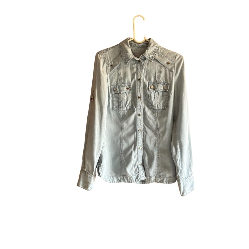 Karen Mille women denim shirt Sz 4 shoulder epaulettes snap buttons chest pocket